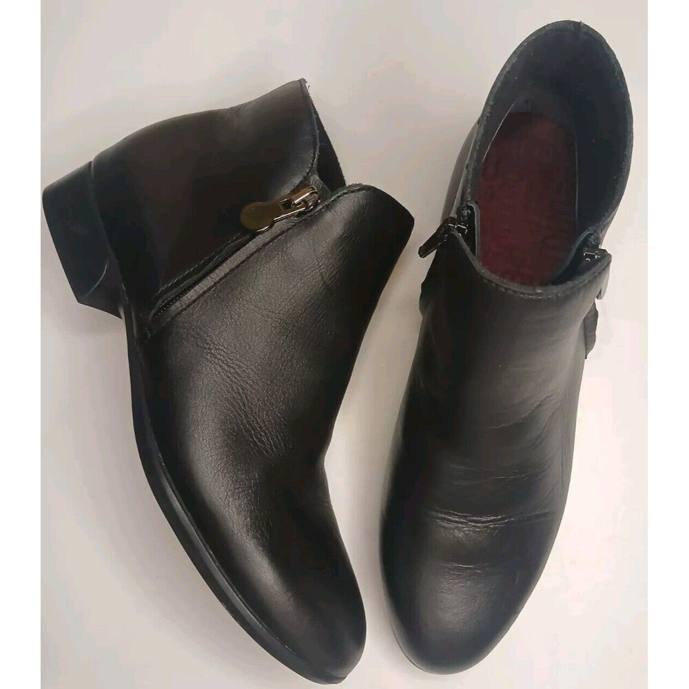 Munro Averee Sz 5 Black Calf Leather Ankle Boot Double Zipper Shock Absorption